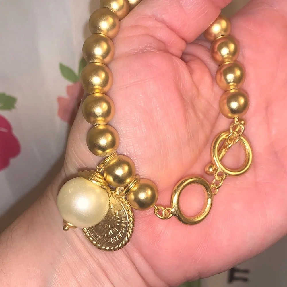 Karine Sultan Elegant Gold Beaded Bracelet with Pearl and Coin Charm - Picture 5 of 11